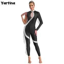 Womens Ruffles Gymnastics Ballet Dance Unitards Jumpsuit Metallic Shiny Rhinestones Figure Skating Full Body Leotard Dancewear