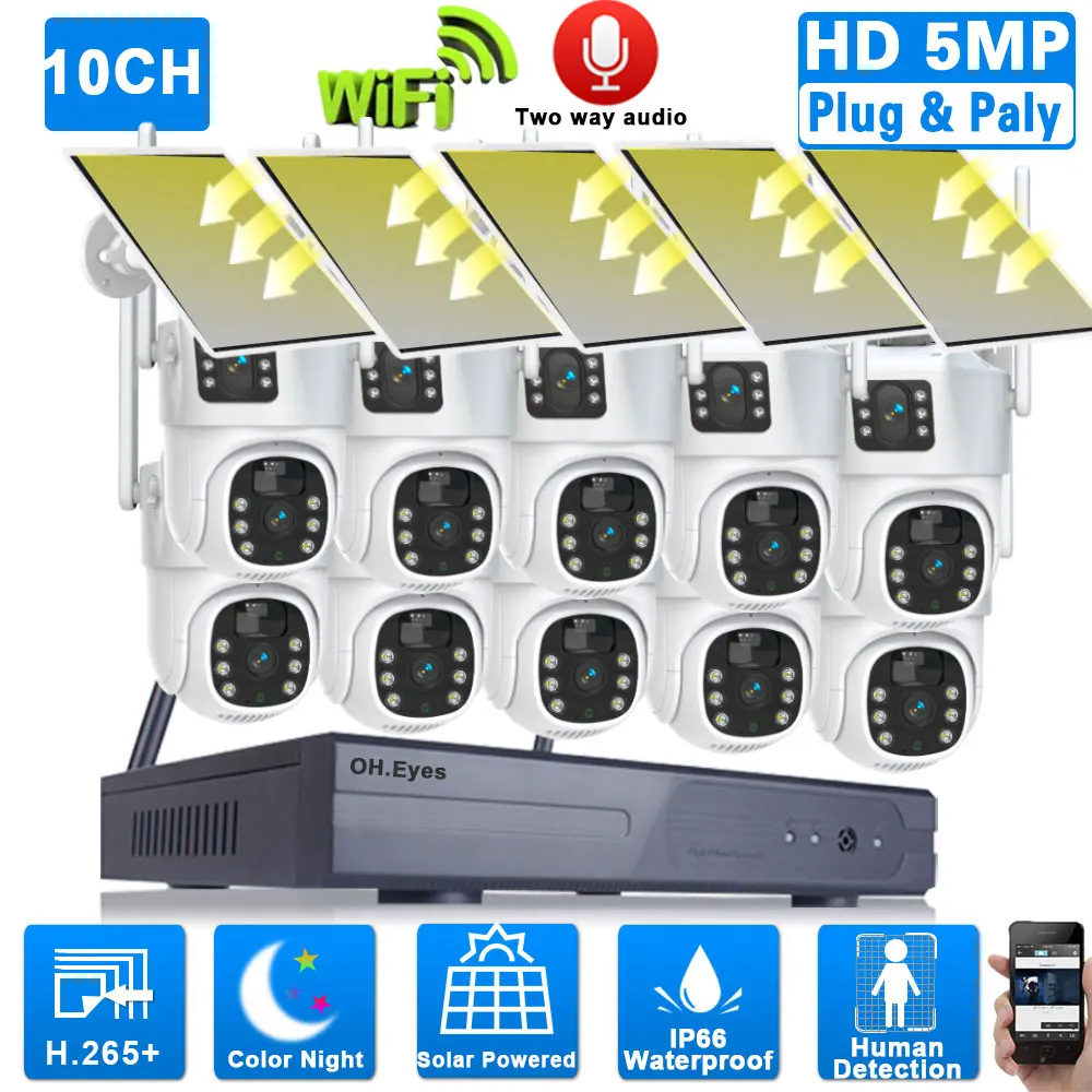 5MP 10 Channels Wireless NVR Kit Outdoor Dual Lens Auto Tracking PTZ Solar Network CCTV Surveillance Security Camera System 4K