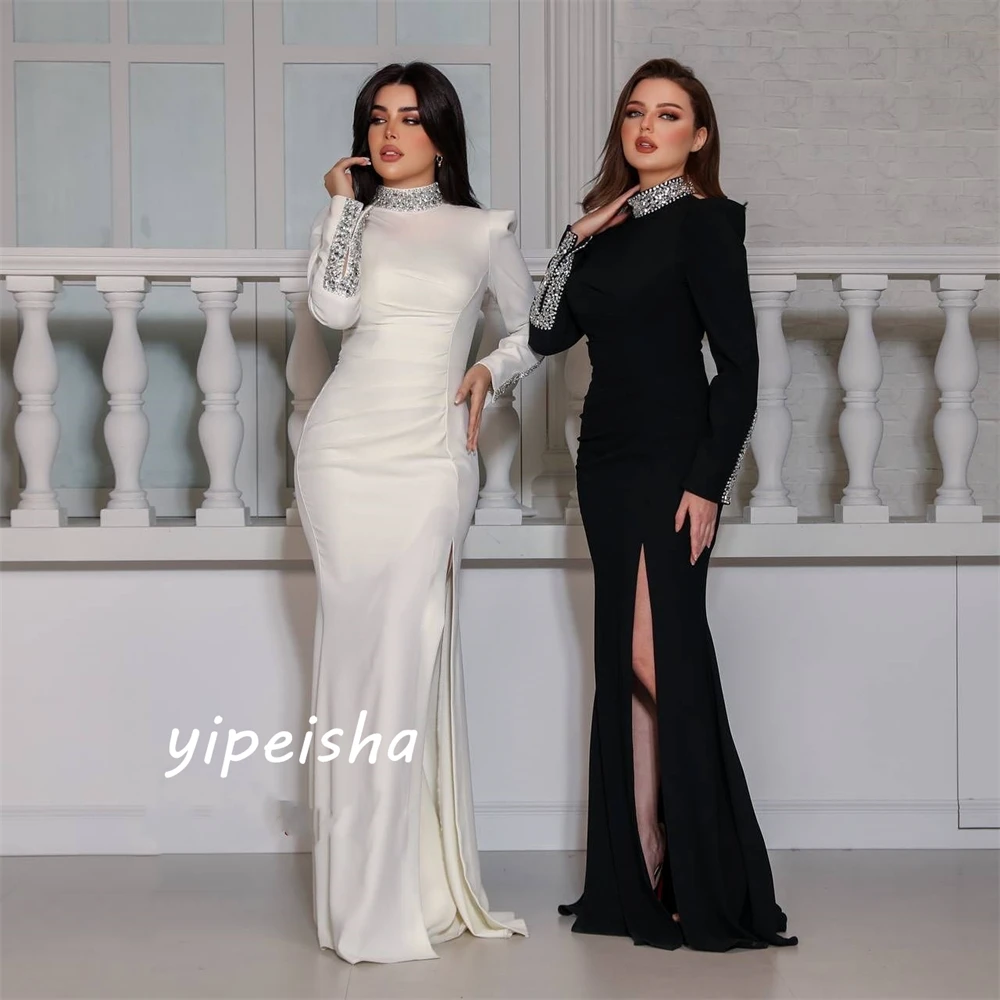 Customized Matching Women High Collar Sheath Formal Ocassion Gown Beading Paillette / Sequins Floor Length Skirts Satin Evening