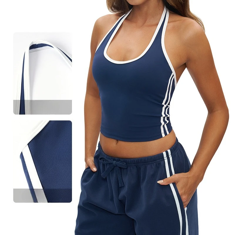 

VEQSKING Female Contrasting Color Hanging Neck Beautiful Back Yoga Vest Top Cross Thin Belt Vest Sports Bra Tight Fitness Top