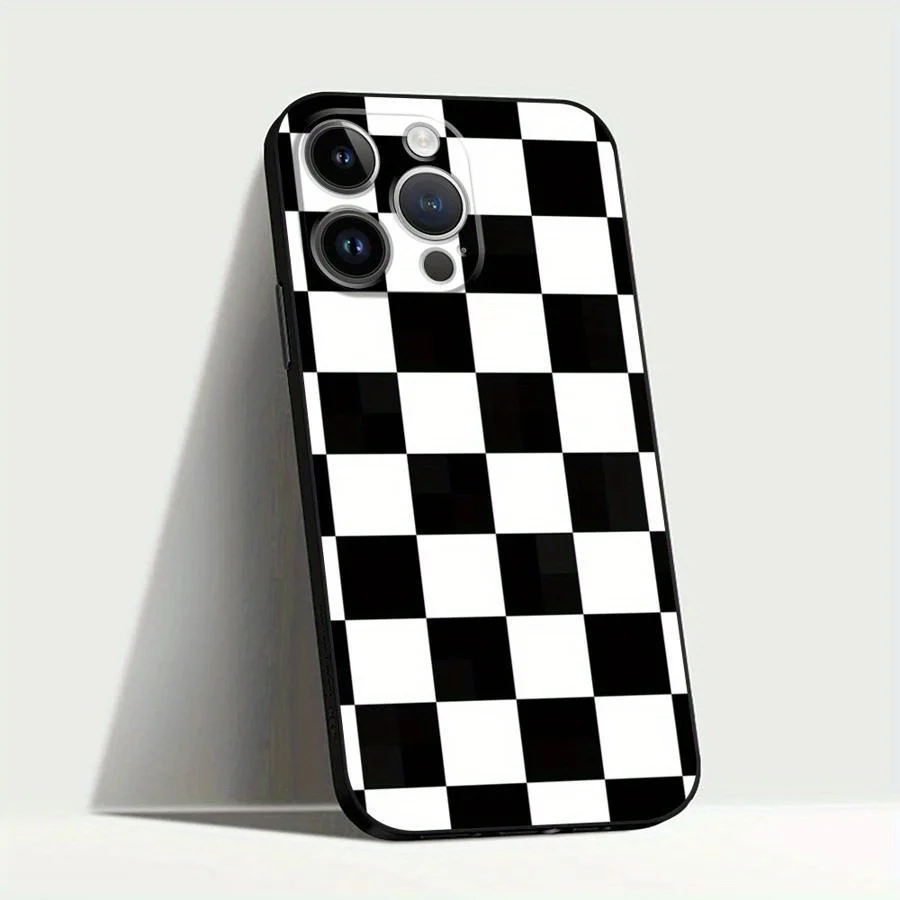 Casing ponsel TPU desain kotak-kotak hitam putih cocok untuk iPhone 17 16 15 14 13 1211 Pro/ Max /Plus, casing lembut matte all-inclusive