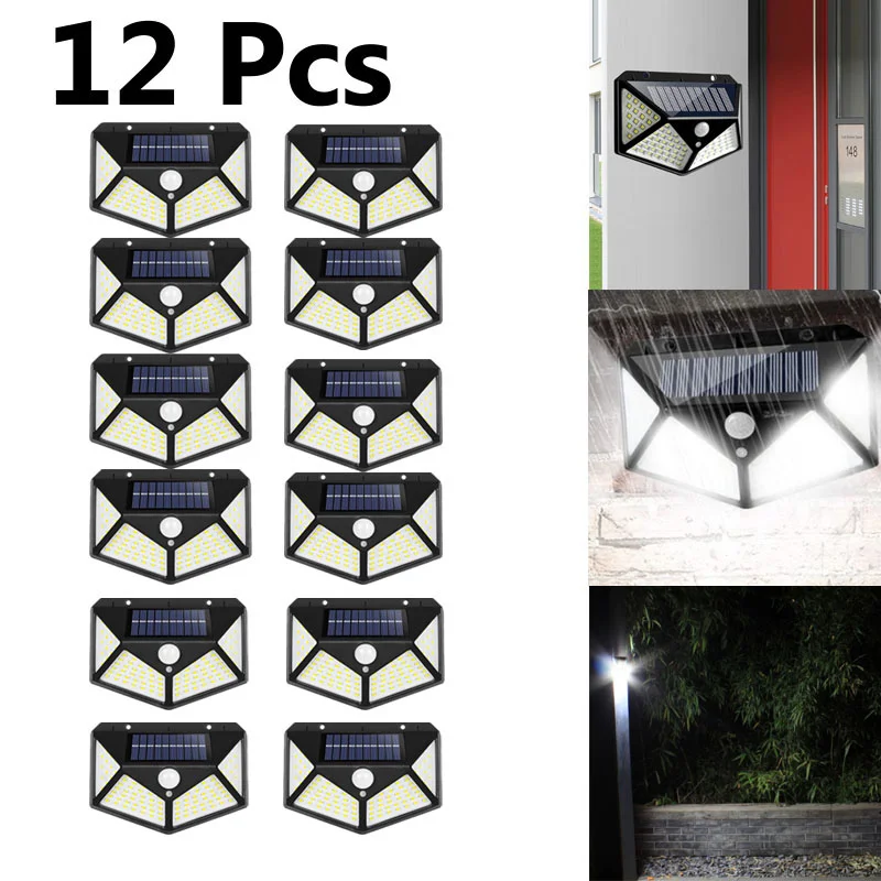 

12Pcs Outdoors Solar Wall Lights 100LED Lamps PIR Motion Sensor Powered Sunlight Street For Gardens Lightings Warehouse Entrance