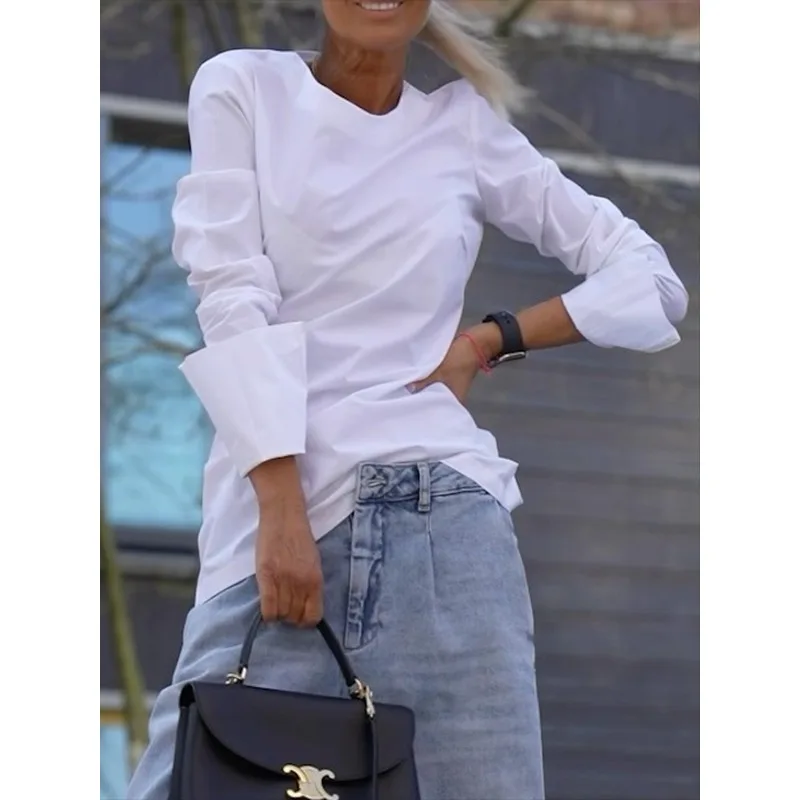 

100%cotton White T-shirt for Women 2026 Stylish Casual Round Collar Long Sleeve Minimalist Style Female Pullovers Tops 181779