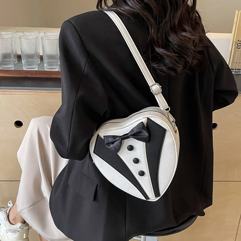 Y2k Style Small Shoulder Bag Heart Shaped Purse Handbags Cute Bow Tie Pu Leather Tote Bags Ladies Crossbody Bags 2024 New