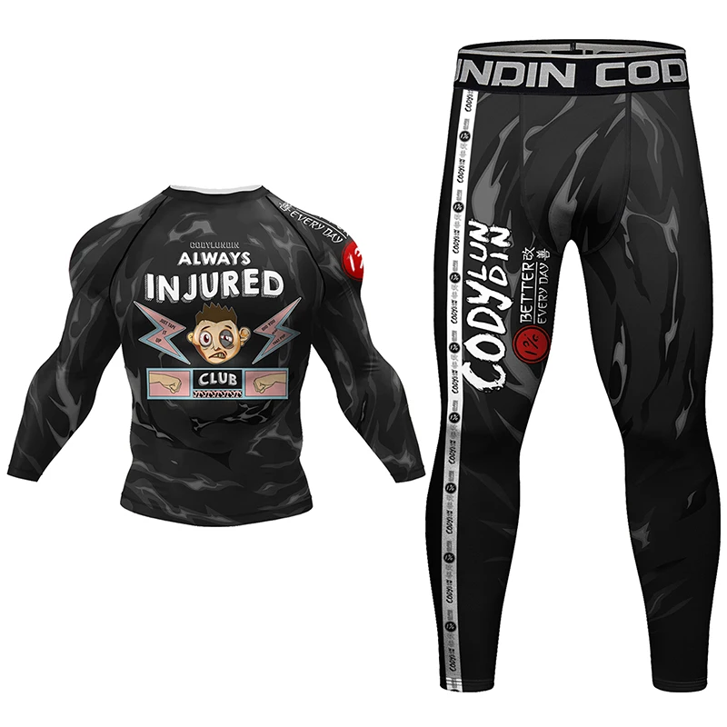 Nowy Jiu Jitsu t-shirt MMA + spodenki zestaw spodni Rashguard dla mężczyzn Muay Thai Grappling Bjj boks wysypka Gym Boxeo odzież sportowa