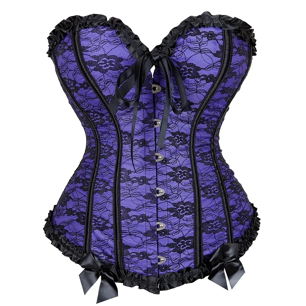 Women Gothic Corset Top Vintage Plus Size Floral Lace Overbust Bustier Lingerie Purple Red Corselet