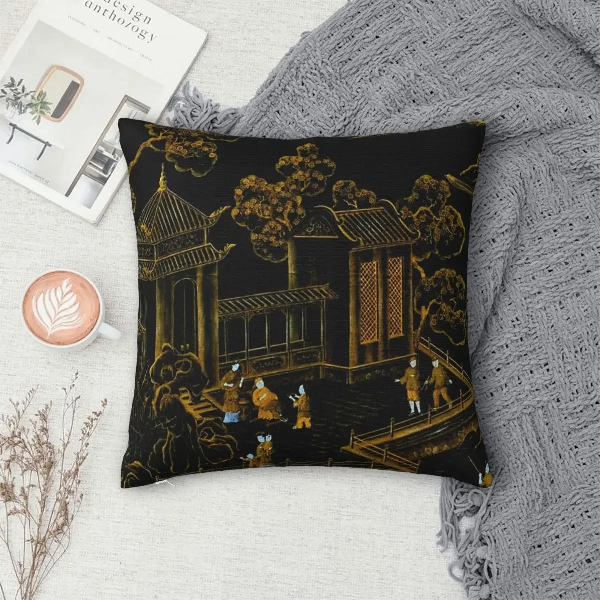 Black And Gold Oriental Silk Pagodas Pillowcase Polyester Pillows Cover Cushion Comfort Throw Pillow Sofa Decorative Cushions