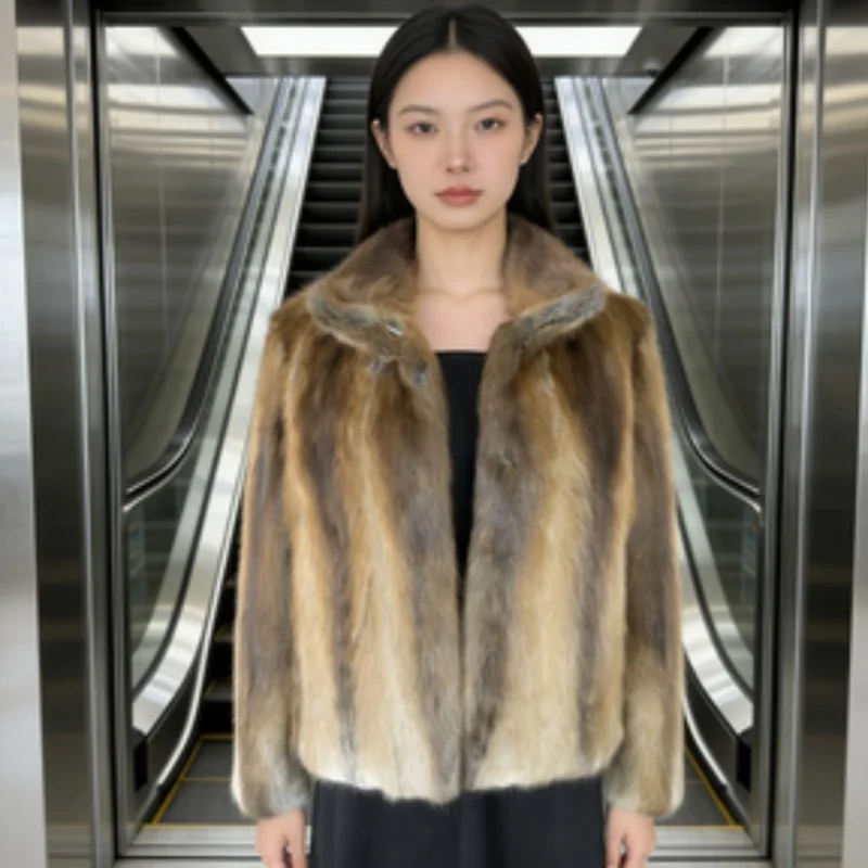 QANAUI lady's fur coat, made from musk rat fur by hand, with full cutting technique.