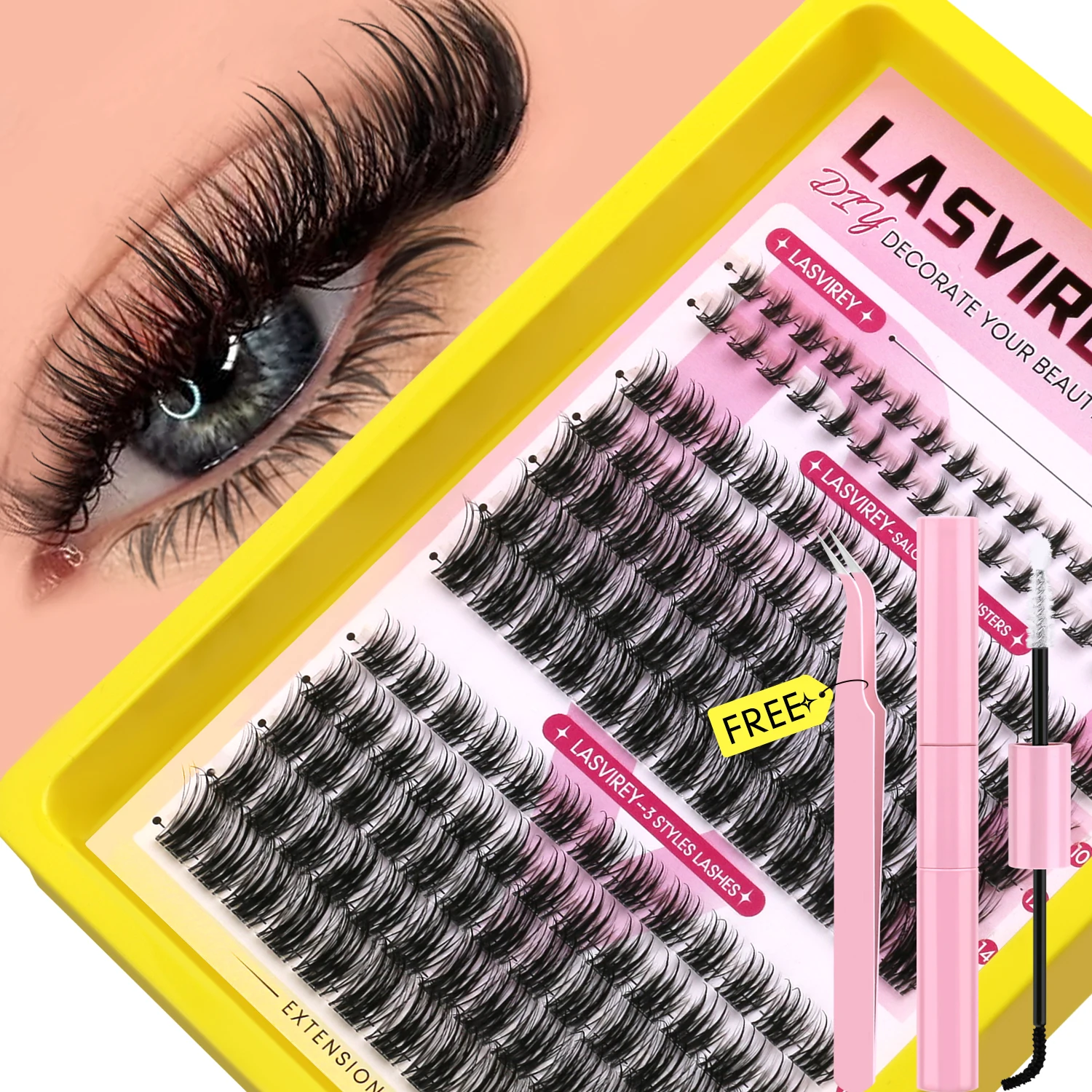 Lasvirey Lash Clusters Kit Natuurlijke Wimpers Extension Set Gemengde Manga Wimpers Met Onderwimpers Clear Stem DIY Individuele Wimper