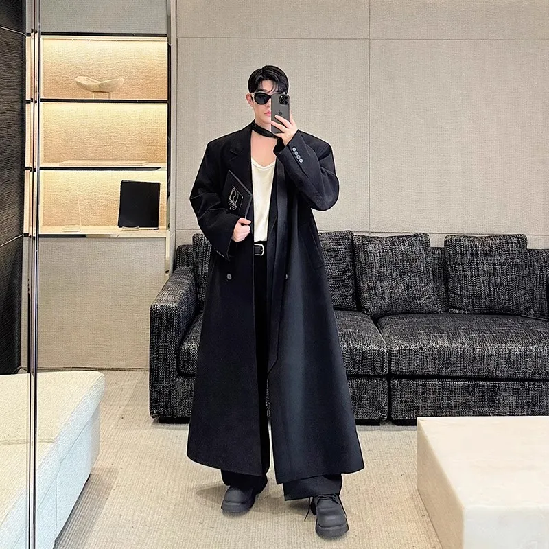 Mauroicardi Spring Autumn Extra Logn Black Oversized Flowy Soft Trench Coat for Men with Back High Slit Loose Casual Overcoat