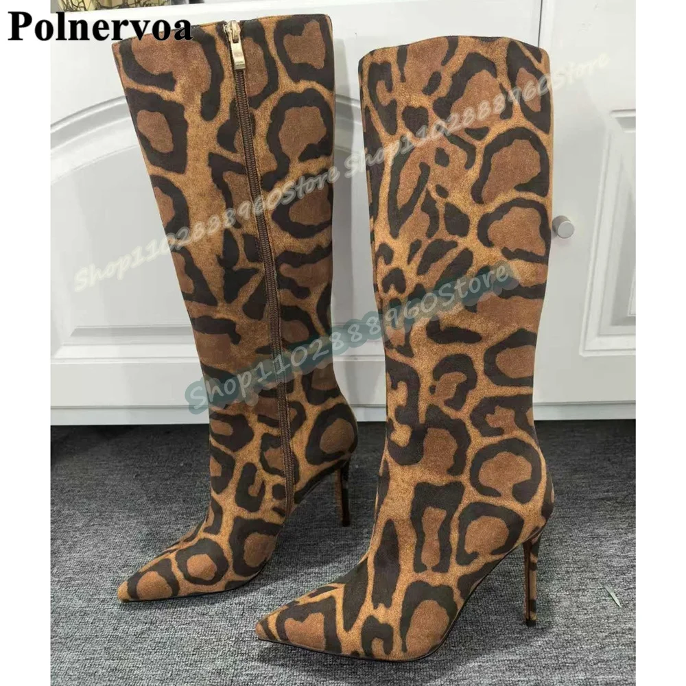 

Knee High Brown Leopard Slim Boots Thin High Heel Shoes For Women Side Zipper Pointed Toe Occidental Style Zapatos Para Mujer