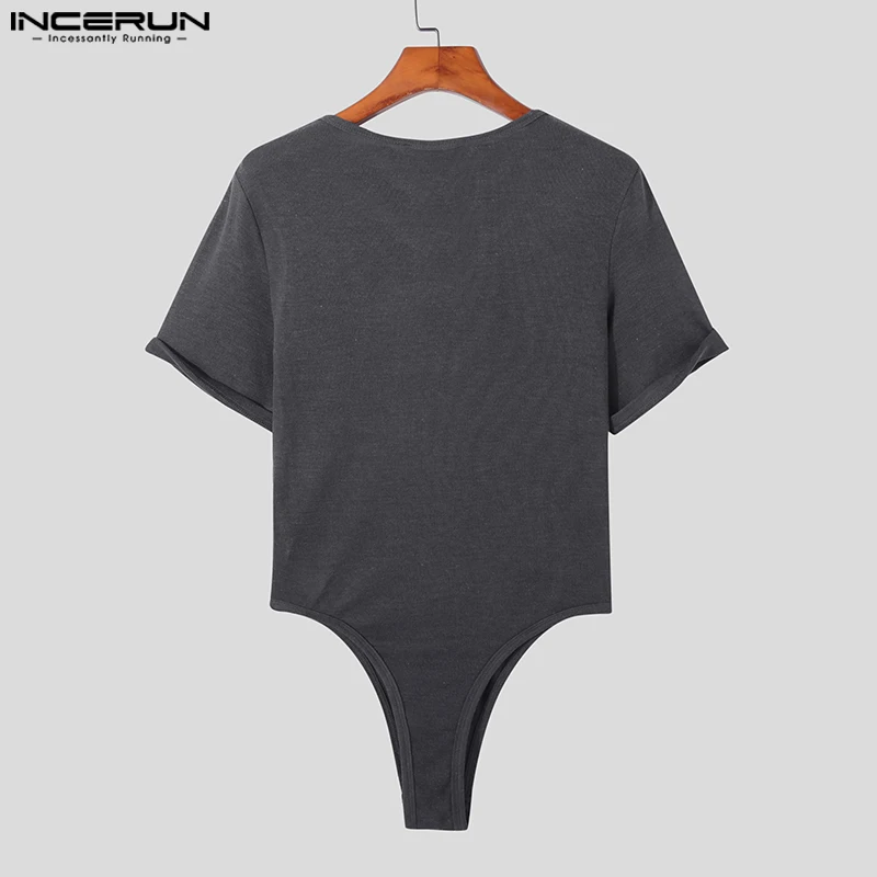 Men Bodysuits Solid Color V Neck Short Sleeve Pajamas Sexy Homewear Rompers 2024 Fashion Fitness Men Bodysuit INCERUN Plus Size