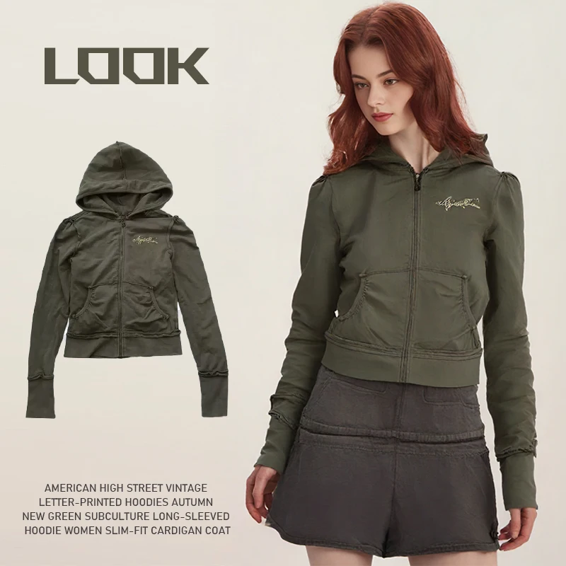 

Y2K women clothing stitch Vintage Letter-printed Hoodies New Green Subculture Long-sleeved Hoodie Women Slim-fit Cardigan Coat