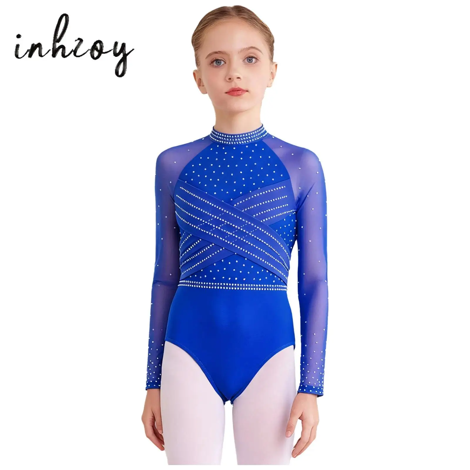 

Kids Girls Sparkling Rhinestones Gymnastics Leotards Sheer Mesh Long Sleeves Cross Front Cutout Back Bodysuit Ballet Dancewear