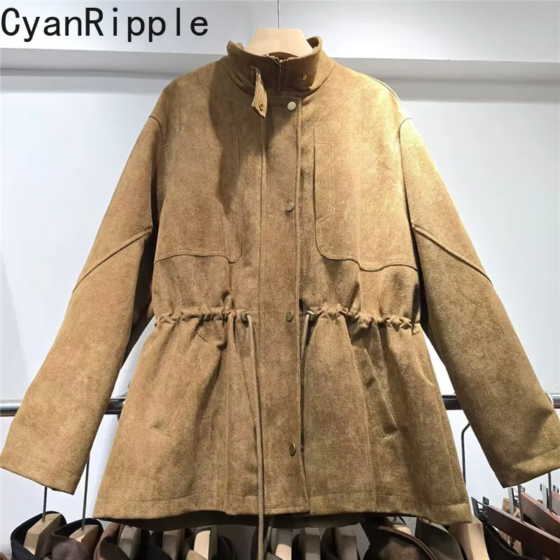 2026 New Autumn Winter Suede Overcoat Women Vintage Stand Collar Zip Cardigans Coat Mid-long Long Sleeve Casual Windbreaker