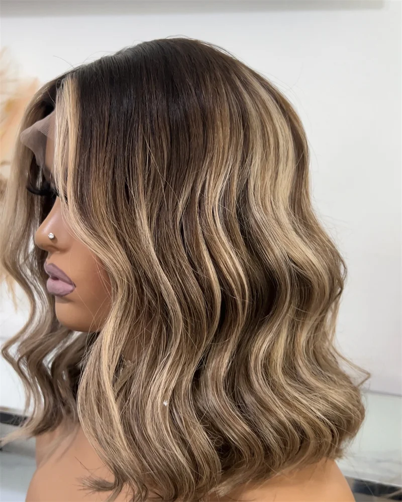

Synthetic Brown Blonde deep Wave Wigs Human Hair Blend Free Part Wig Rooted Balayage Highlights 13x4” Lace Front Wig for Women