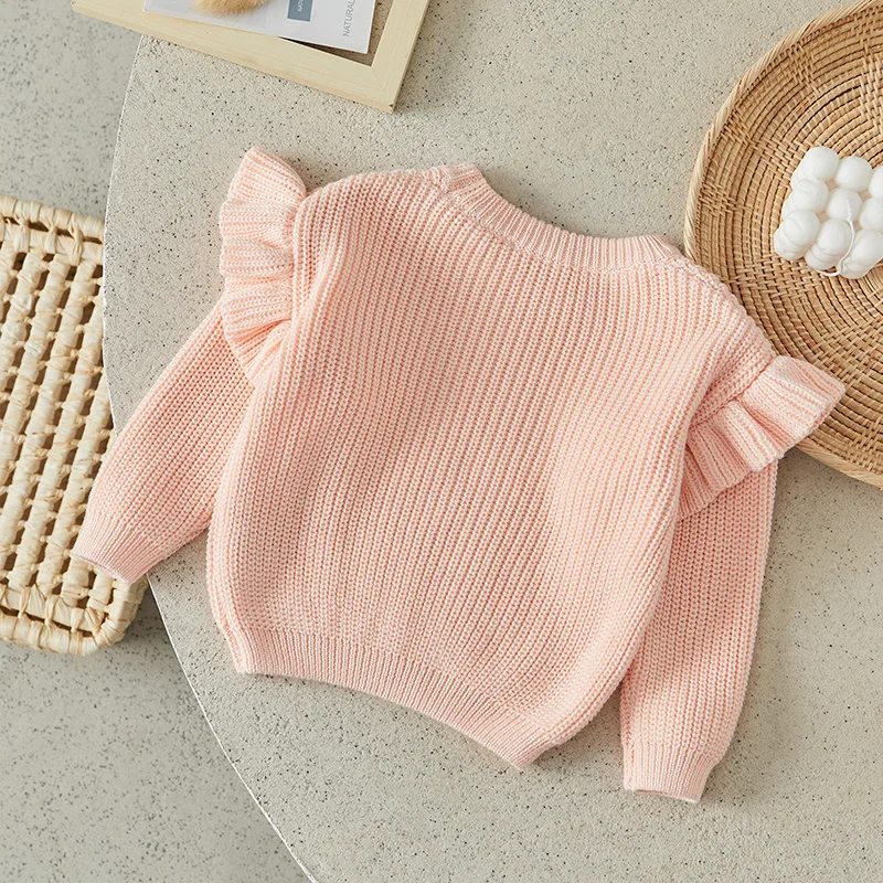 Suefunskry Newborn Baby Girl Boy Knitted Ruffled Long Sleeve Sweaters Solid Color Loose Pullover Toddler Casual Tops