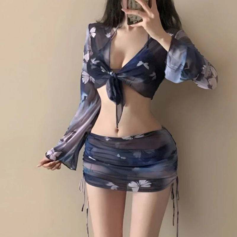 Sexy Bikini Set for Women 4 Pieces Swimsuit Butterfly Print Slimming Long Sleeve Cover Up Short Skirt Beach Vacation Swimwear