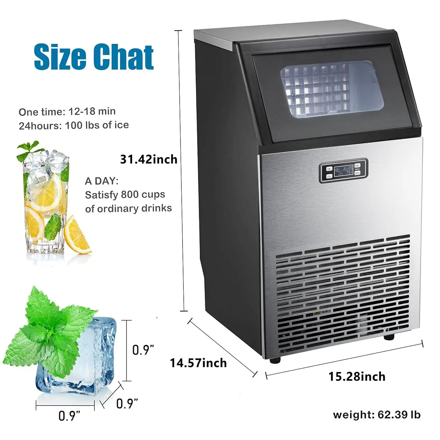 Star Commercial Ice Makers Machine Stainless Steel Makers 100 Lbs of Ice Per 24H with 33 Pounds Storage Capacity Ice Cubes Frees