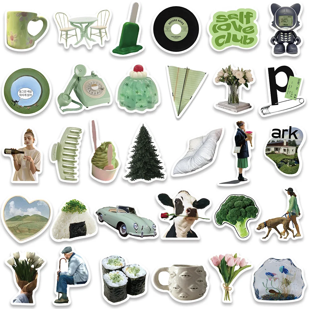 62pcs INS Spring Green Stickers Guitar Laptop Suitcase Phone Sticker Vintage Handmade Aesthetic DIY Scrapbooking Supplies