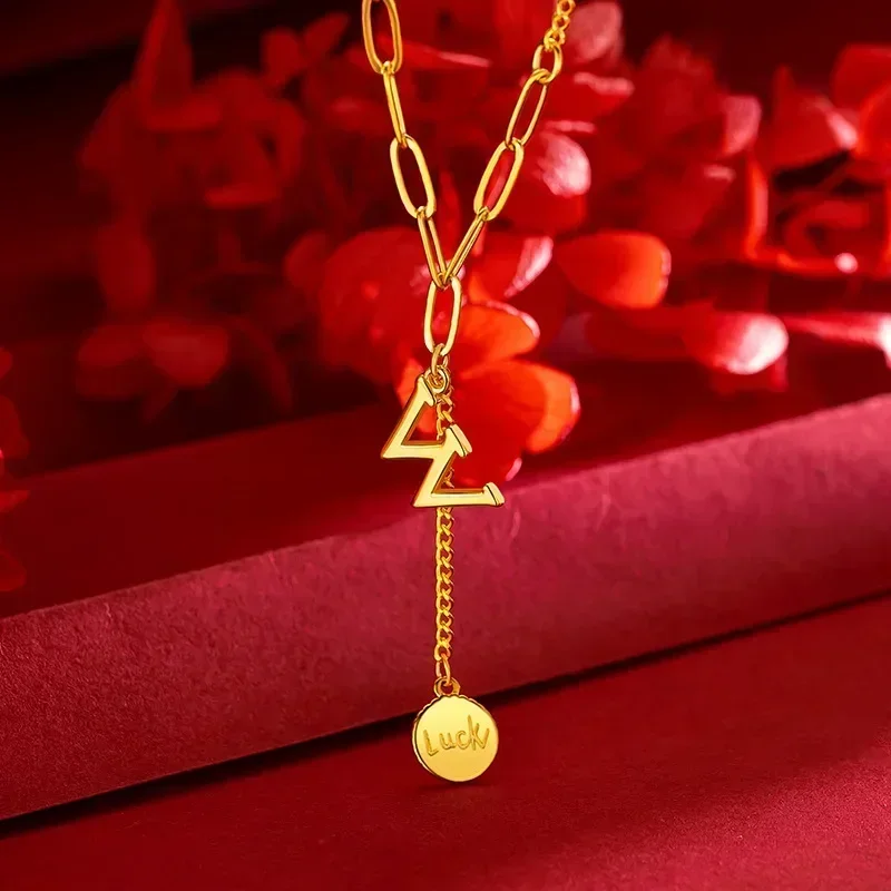 Eldorado Gold  9999 Real Gold 24K New Fashionable and Simple W Letter Tassel Lucky Brand Collarbone Chain, Gold Ins Wind Women W