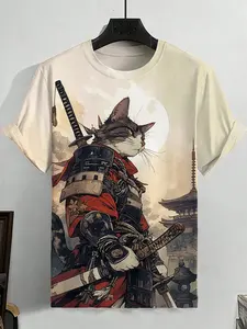 Kaos Kasual Cetak 3D Kucing Edo Pria Prajurit Samurai Seni Jepang Pria / Wanita Atasan Leher O Lengan Pendek Kaus Kebesaran Pakaian Anak 10 kucing prajurit penjualan terbaik - №