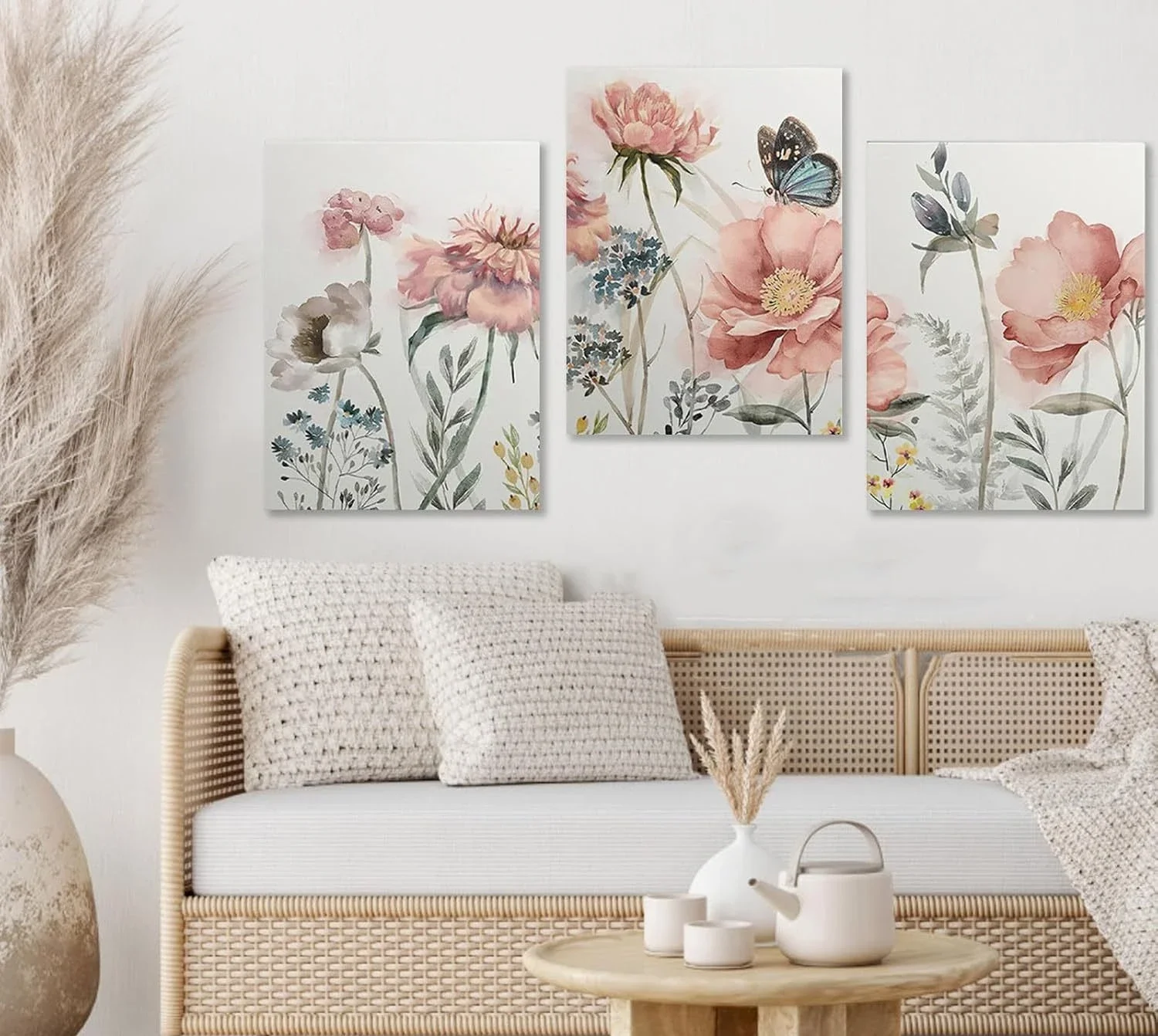 3PCS Framed Pink Watercolor Floral Canvas Wall Art, Wildflower Butterfly Prints for Living Room