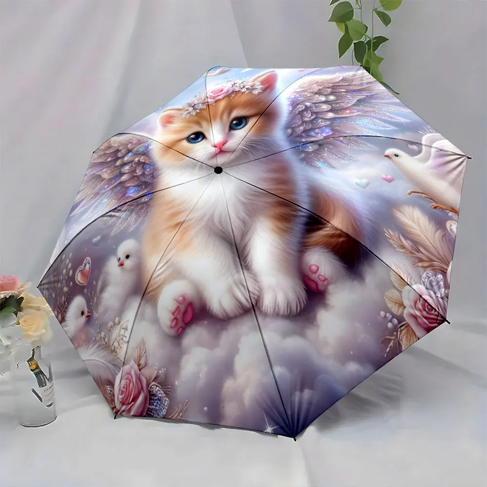 1PC Cute Angelic Kitten-Themed Umbrella with Whimsical Design Print 8 Iron Ribs Folding Umbrella Auto-Open Fashion Sunshade