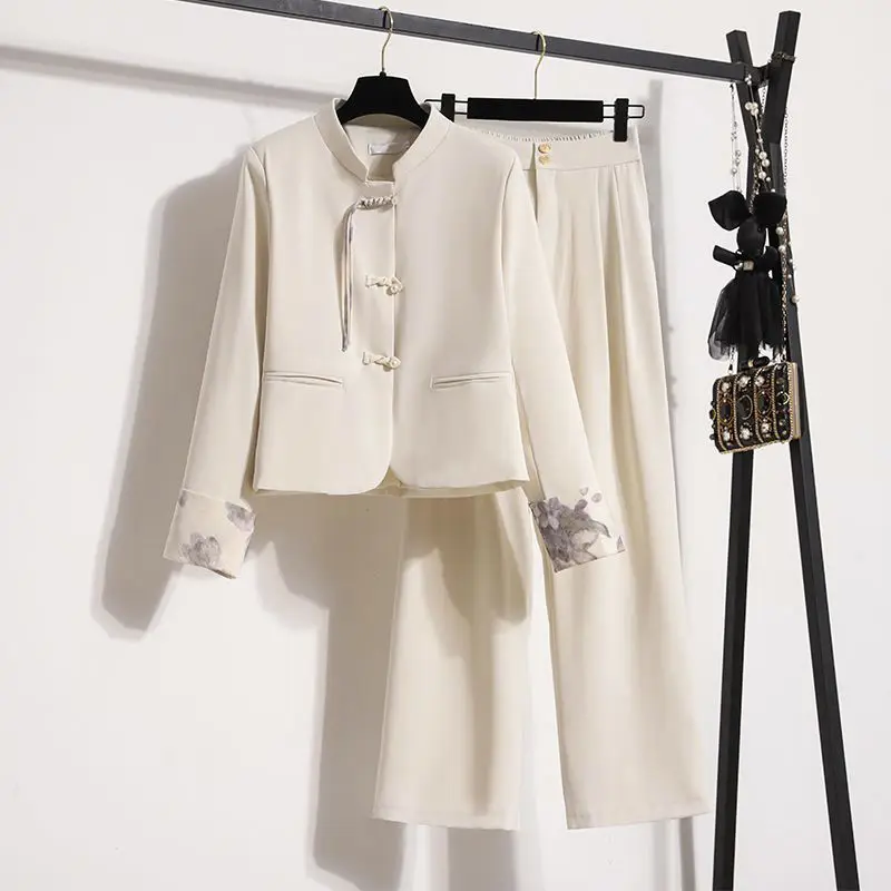 

2025 Spring Two Piece Set for Women Chinese Style Outfit with Stand Collar Frog Button Top and High Waist Pants Flattering Look