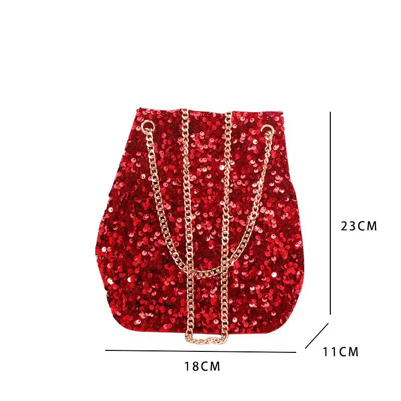 Sparkly Sequins Bucket Tote Bags for Women 2024 Large Capacity PU Leather Evening Party Handbags Chain Shoulder Messenger Bags