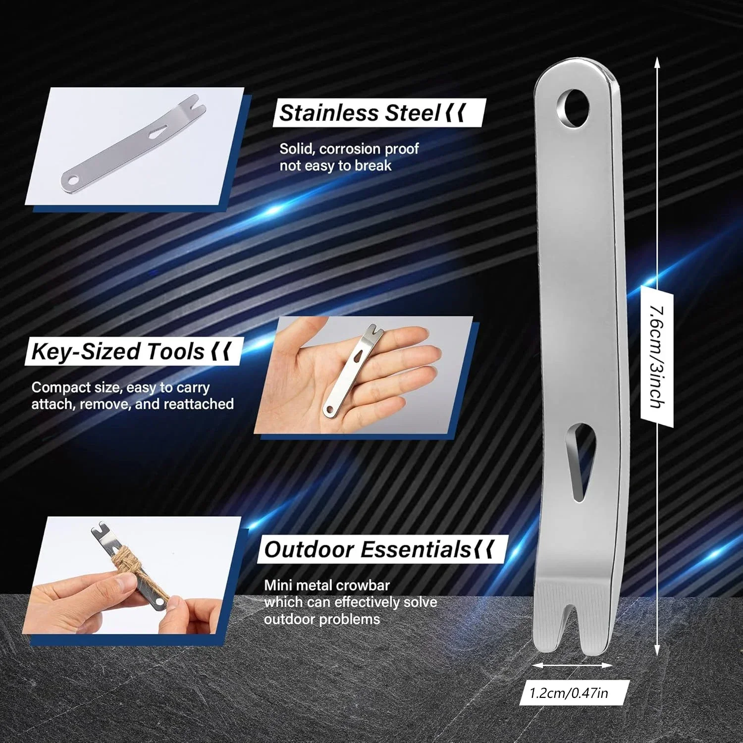 Stainless Steel Multi-Function Mini Pry Bar - EDC Tool with Crank Scraper, Line Winder, Nail Puller & Bottle Opener for Camping view 3