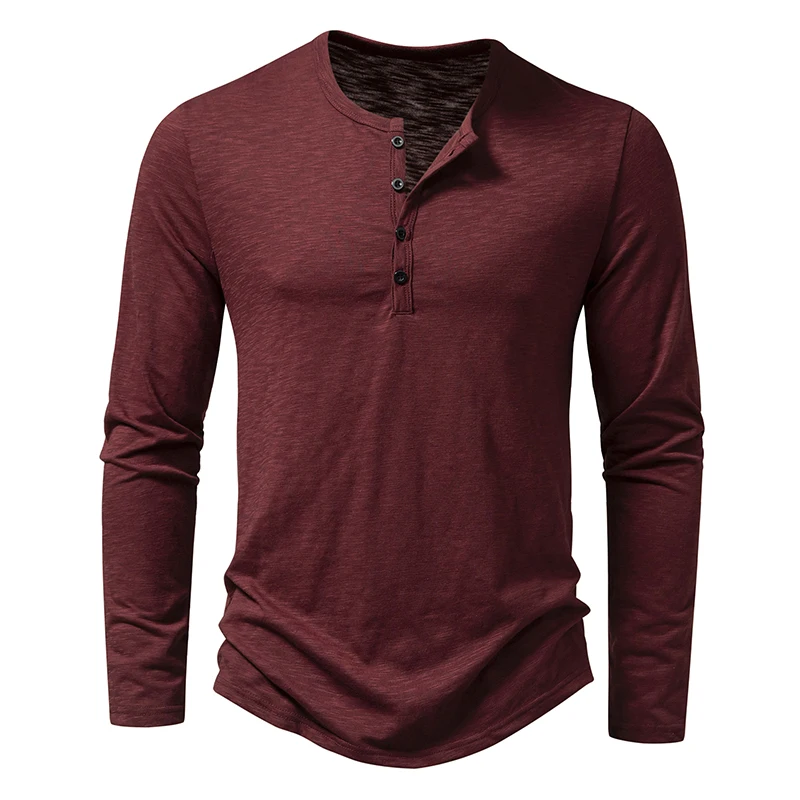 Camiseta de algodón con botones para hombre, camisa informal de manga larga con cuello Henry, Color sólido, a la moda, novedad de otoño