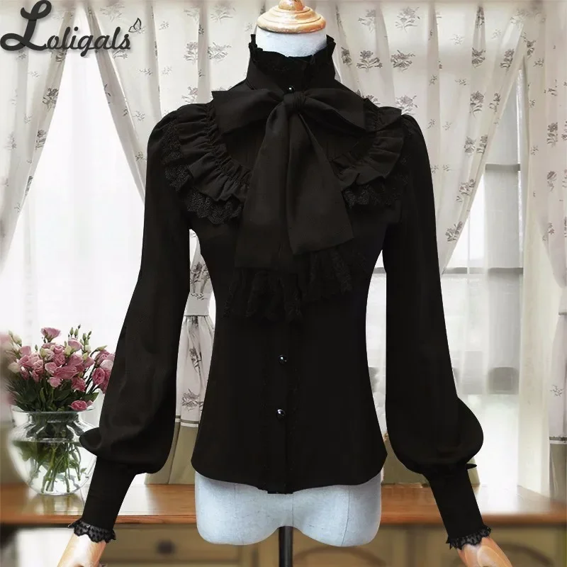 Vintage Women\'s Lolita Shirt Gothic Chiffon Ruffle Blouse Long Sleeve Blusas Black/White/Navy Blue/Burgundy