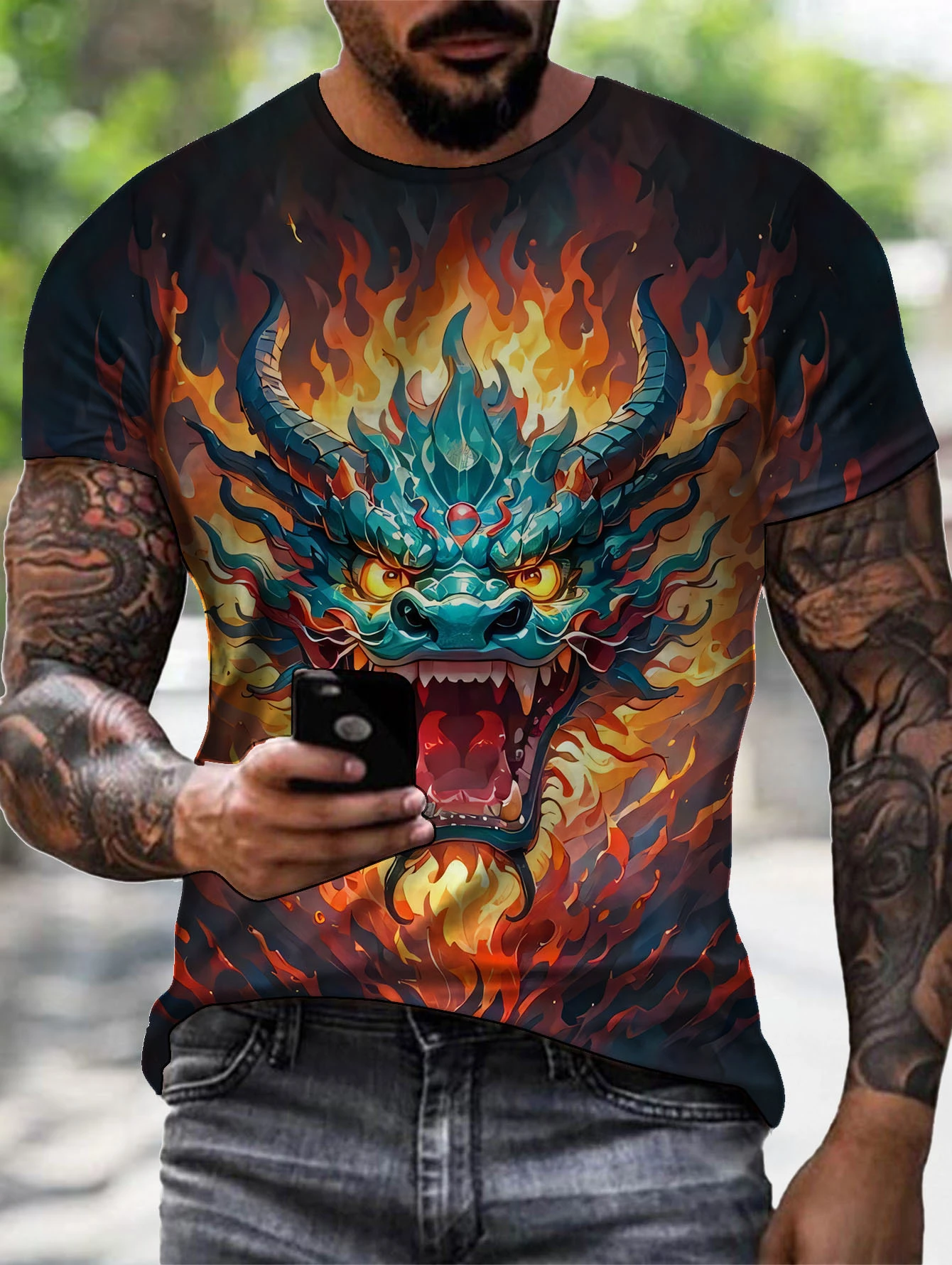 Summer New Style Dragon Dominance Pattern 3D Print Short Sleeve Men's Teenage T-Shirt round Neck Personalized Polyester Fiber