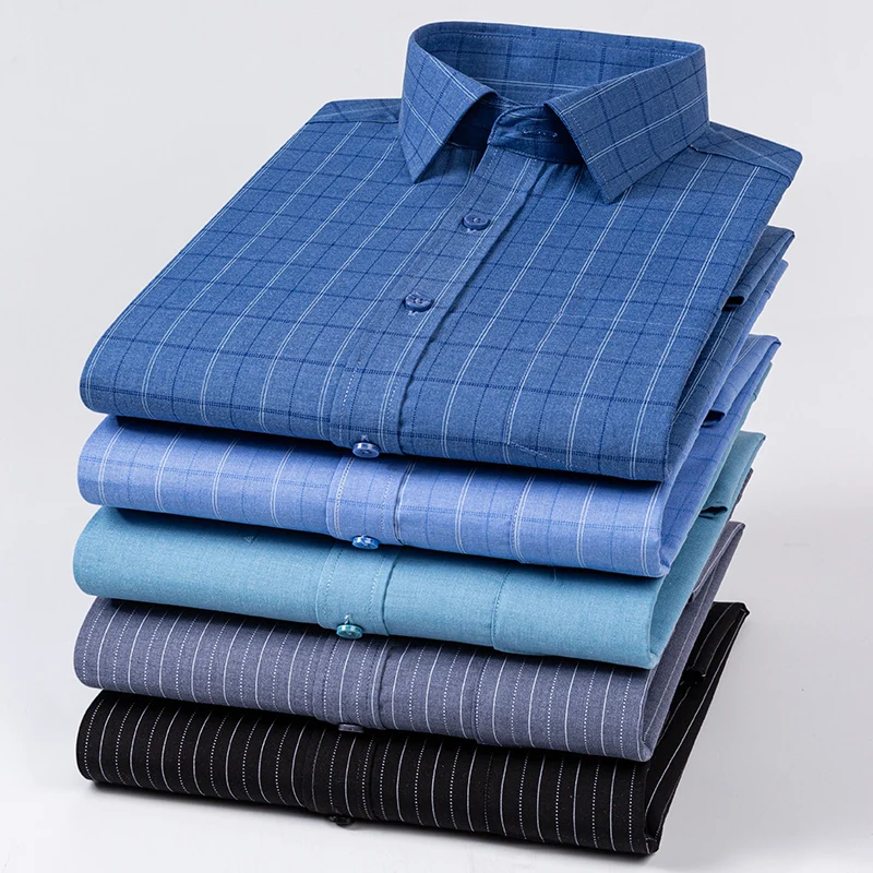 

Новая мужская полосатая рубашка с длинным рукавом против морщин, формальная мягкая модная повседневная деловая карманная офисная рубашка, мужская одежда 4XL 5XL