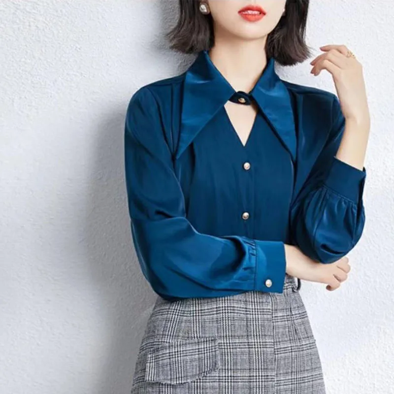 Satin Hollow Out Lapel Neck Shirt Spring Summer Women Casual Solid Single Breasted Shirts Lady Korean Wild Long Sleeves Blouses