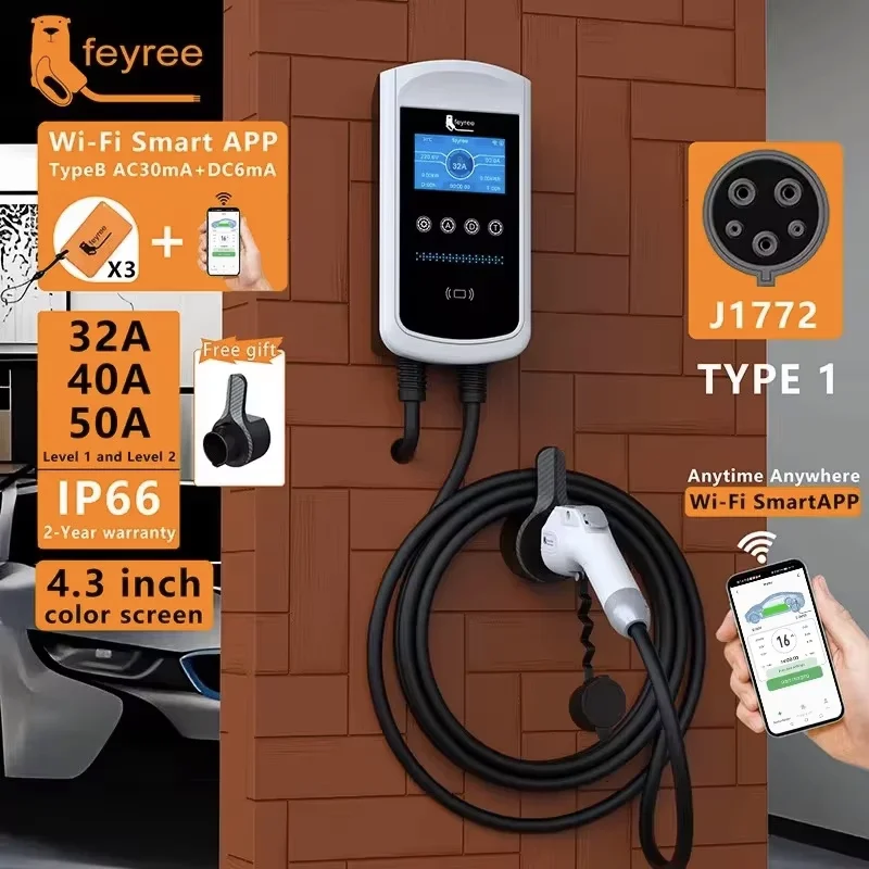 feyree EVSE Wallbox 32A 40A 50A 1Phase EV Charger Type1 Smart APP Control Wall-mounted Charging Station for Electric Vehicle Car