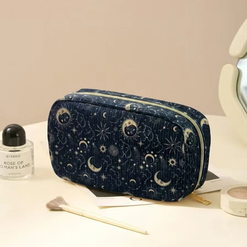 Portable Handheld Corduroy Makeup Bag for Women Minimalist Travel Cosmetics Storage Pouch Soft Organizer for Daily Beauty Items