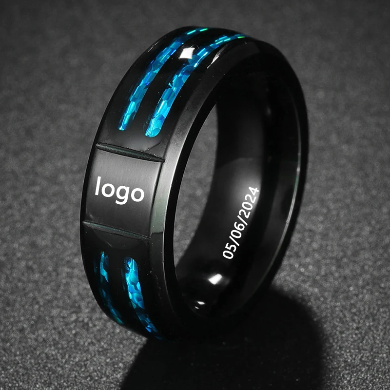 Anillos de boda con incrustaciones de ópalo azul para hombres, logotipo personalizado, imagen de icono Simple personalizada, regalo significativo para marido y papá, 8mm