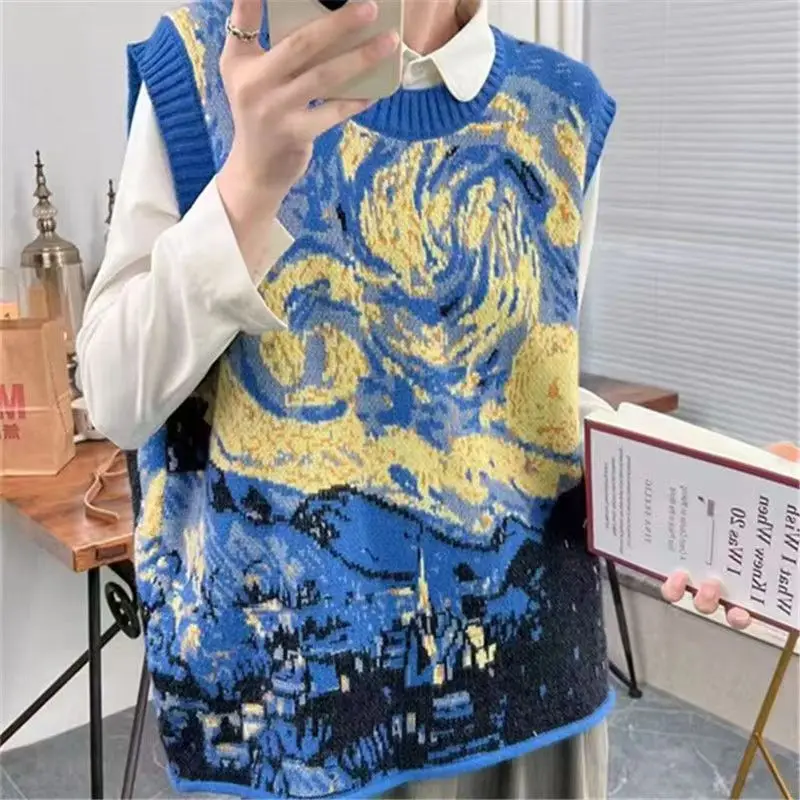 Retro Oil Painting Jacquard Knit Sweater Unisex Round Neck Sleeveless Camisole Vest for Spring and Autumn Loose Casual Wear Vest