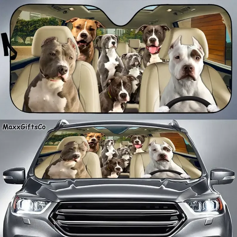 American Pit Bull Terrier Car Sun Shade, Dogs Windshield, Dogs Family Sunshade, Dogs Car Accessories, Car Decoration, Gift For D