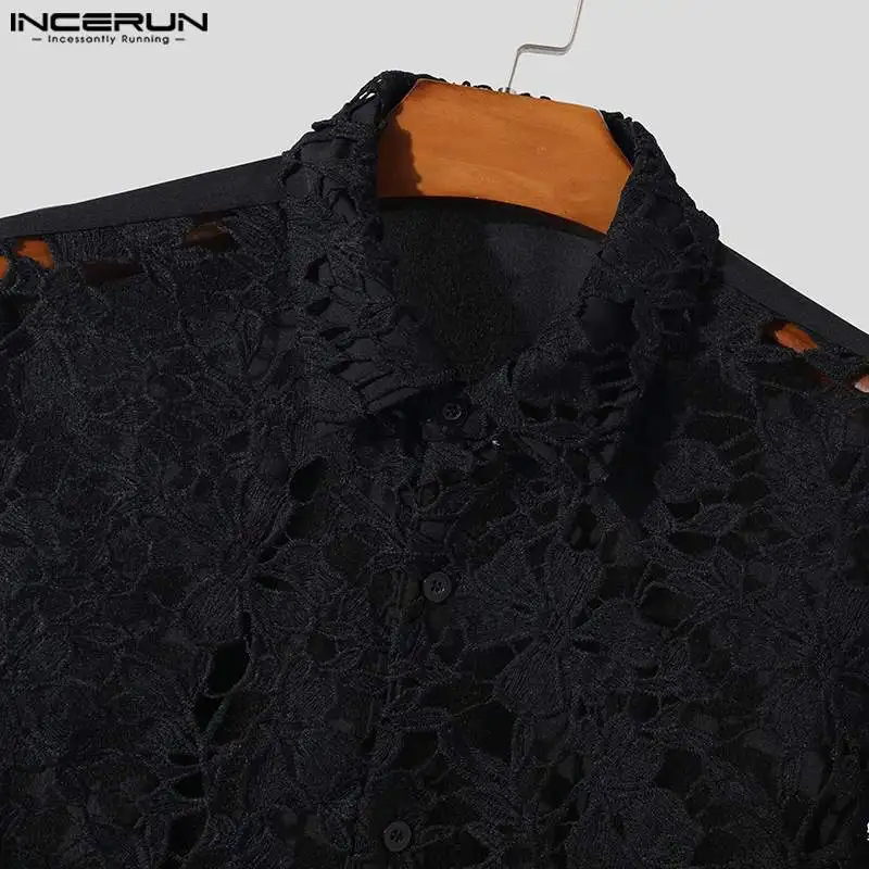 2024 Men Shirt Flower Lace Patchwork Transparent Lapel Short Sleeve Streetwear Men Clothing Summer Fashion Party Shirts INCERUN