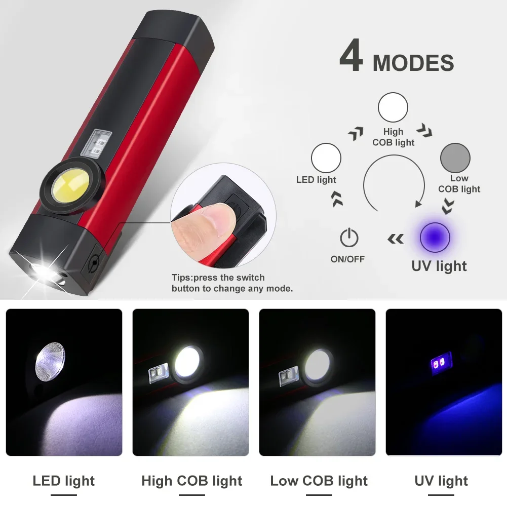 Luz de trabajo recargable, linterna UV, luces de emergencia, antorcha impermeable, linternas de luz negra, 395nm