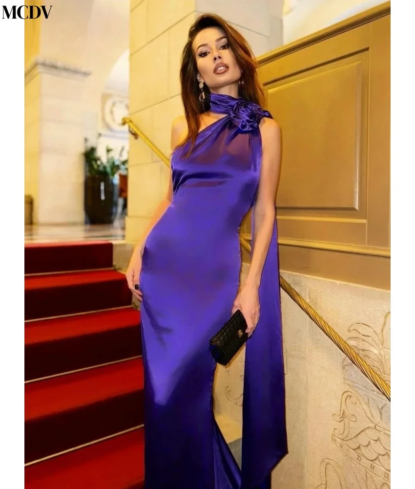 Customized Sexy Satin Mermaid 3D Flowers Buttons Ribbons Evening Dress High Quality Halter Sleeveless Bespoke Occasion Gowns