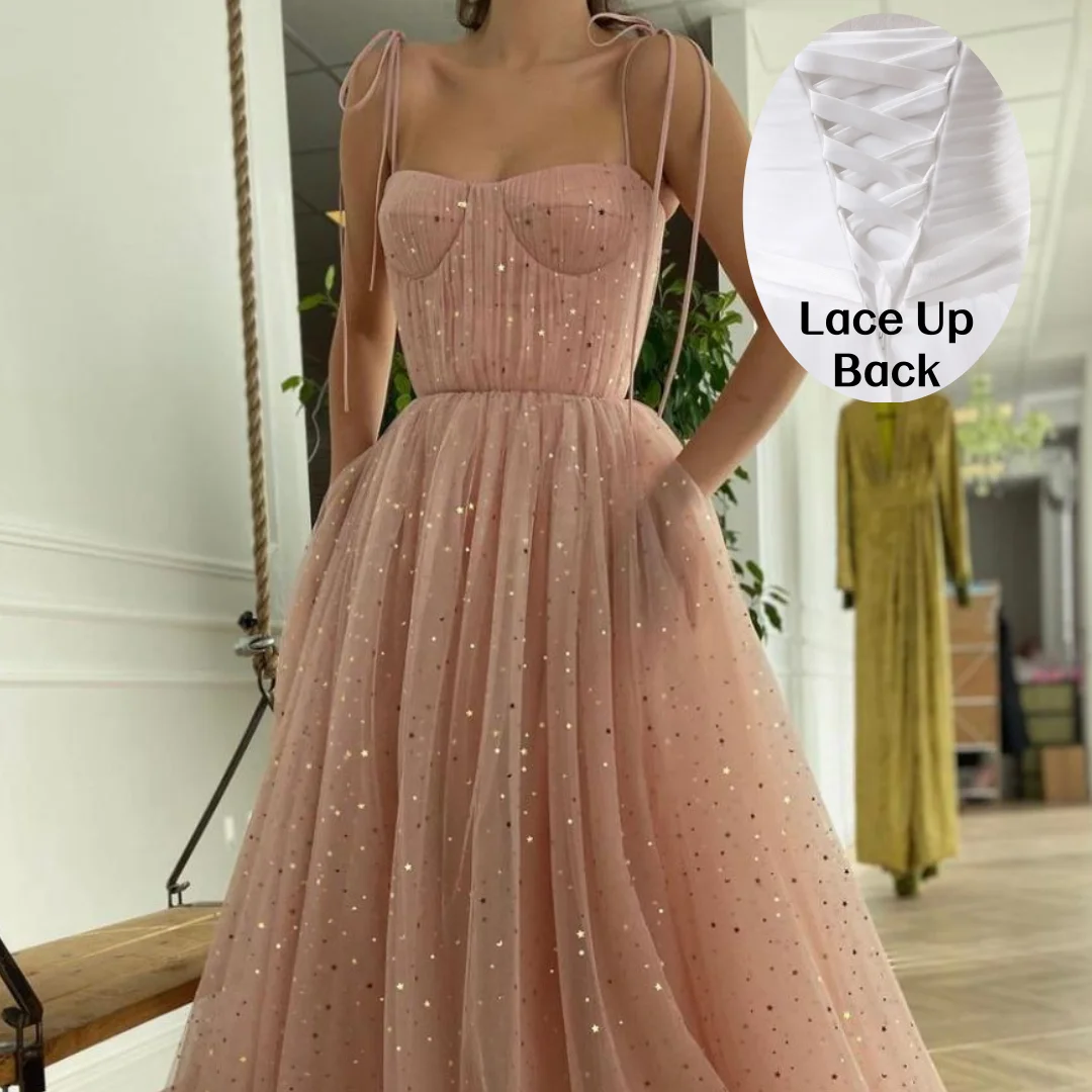 チュール スパゲッティストラップ スパンコール プロムドレス スイートハート コルセット プリーツ Aライン 卒業式ドレス 上品 無地 クリスマス イブニングドレス