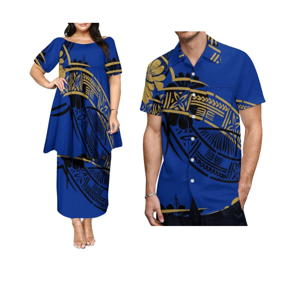Robe Puletasi sans manches pour femmes, tenues de couple avec jupe double couche incluse. Chemise de dîner pour hommes personnalisable