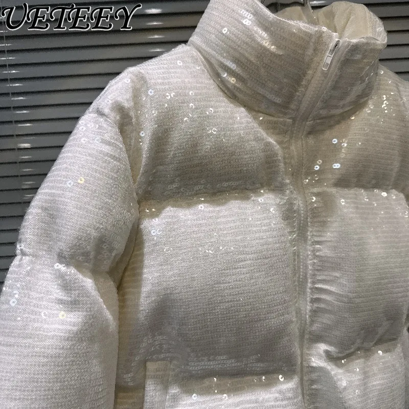 

Winter New Trendy Shiny Sequin Fabric Long Sleeve Stand Collar Jacket Versatile Short Warm Puffer Cotton Coat for Women