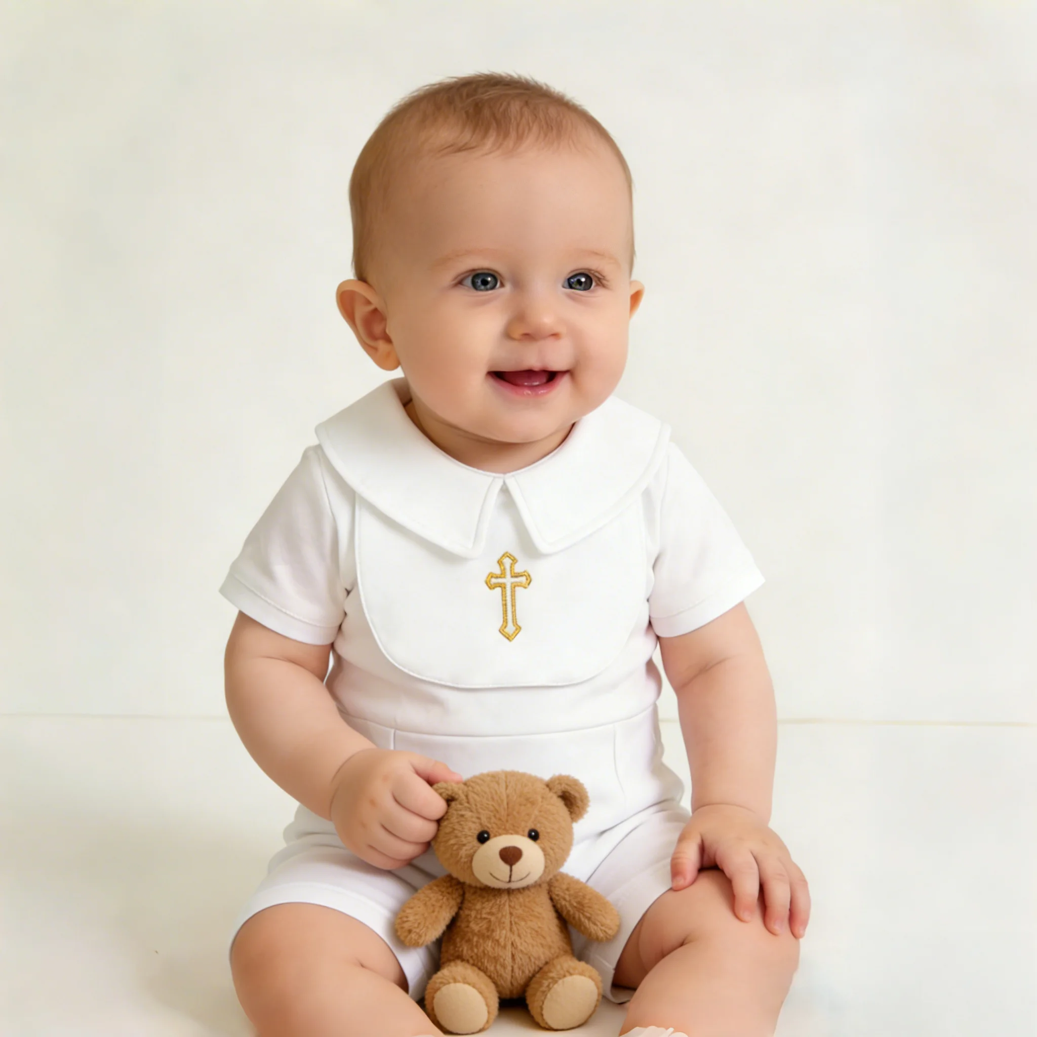 Baby Jungen Mädchen Taufset 2-teilig 3-24M Baumwoll-Strampler mit Goldkreuz-Lätzchen Neugeborenen-Taufoutfit Sommer Säuglingsoutfit