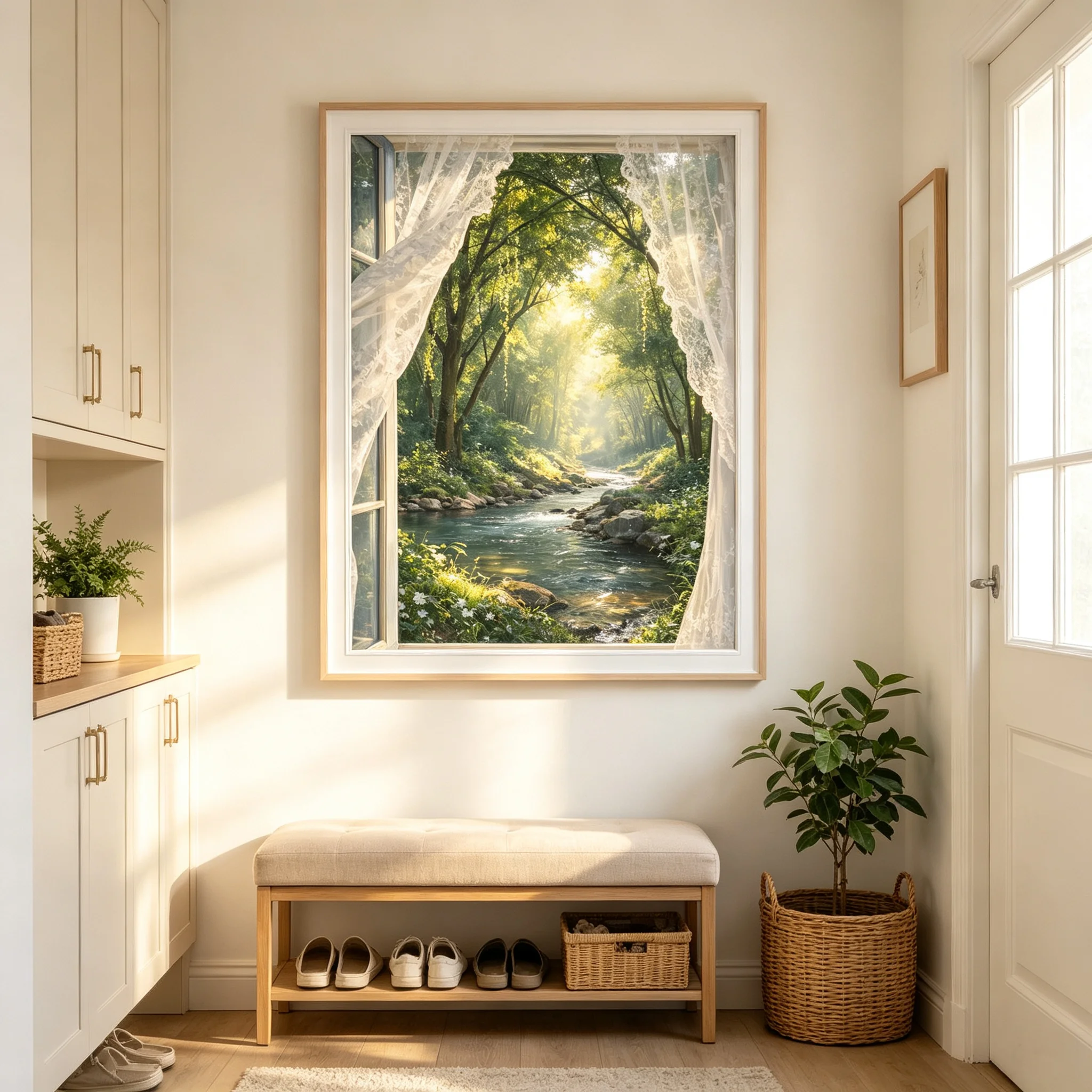 Forest Creek Scenery Poster Decoration Painting Window Outside View Canvas Painting for Living Room Bedroom Home Decor