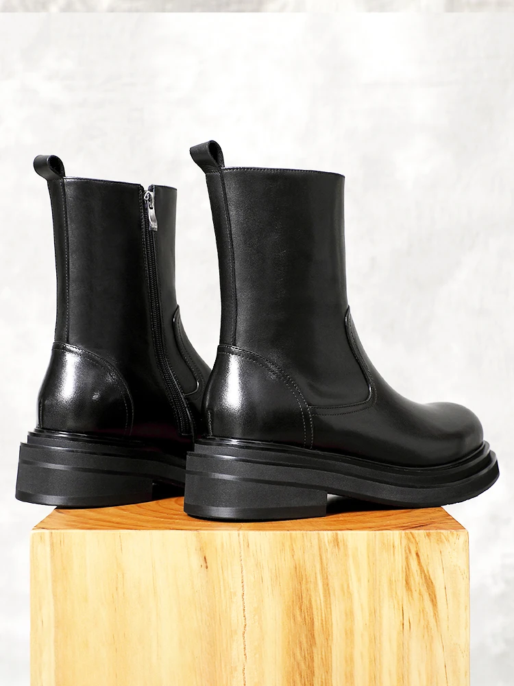 Design Fashion Round Toe Cowhide Casual Chelsea Boots Men Genuine Leather Mid Calf High Top Shoes Male Formal Work Boots